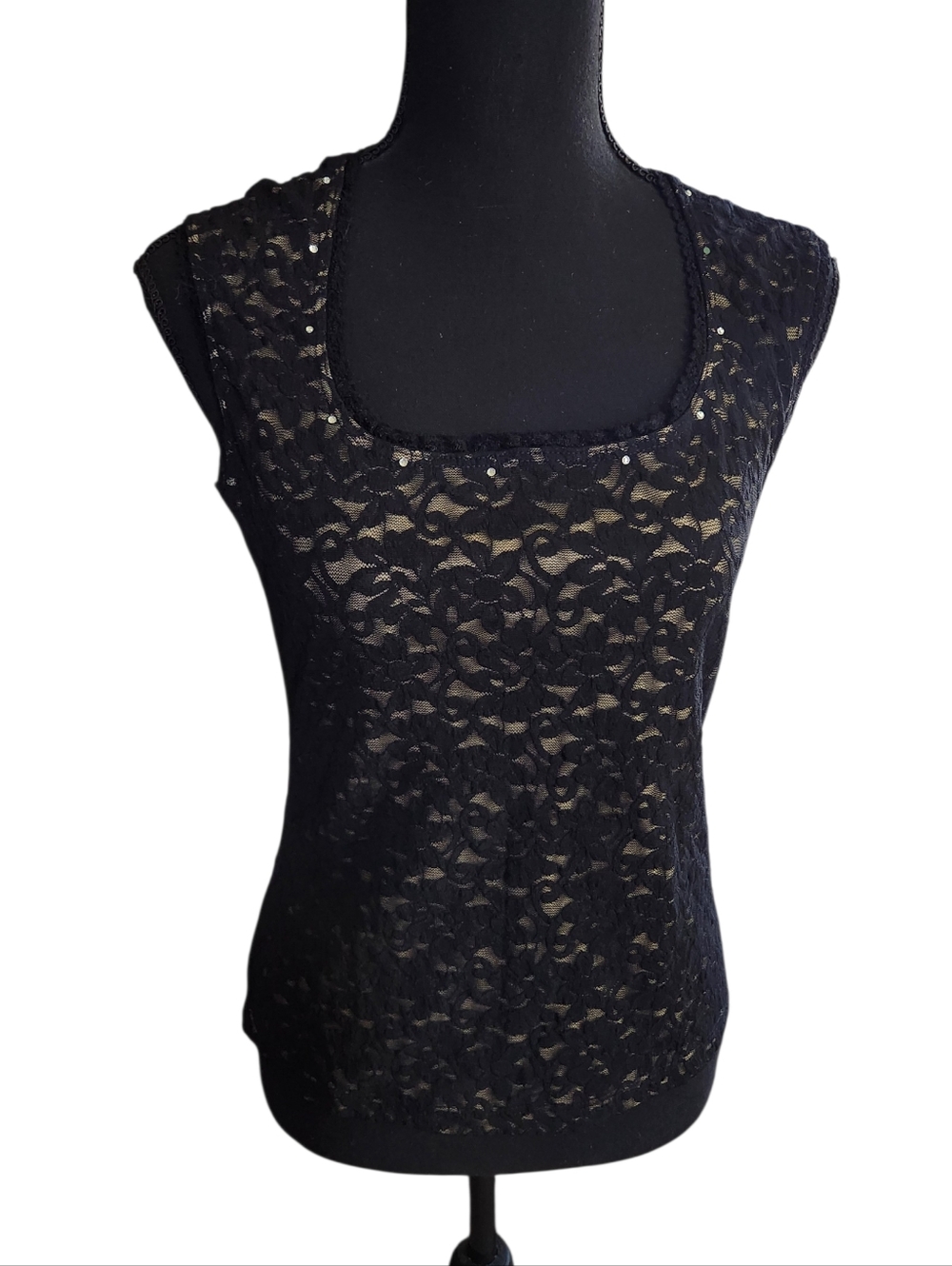 Y2k Lace Mcbling Rhinestone Square Neck Top Sz M